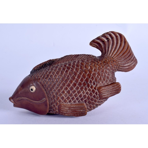 2058 - A JAPANESE CARVED BOXWOOD FISH INRO BOX AND COVER. 11 cm x 5 cm.