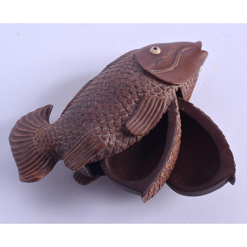 2058 - A JAPANESE CARVED BOXWOOD FISH INRO BOX AND COVER. 11 cm x 5 cm.