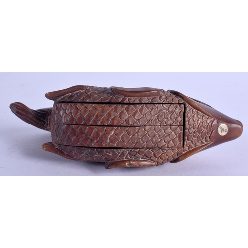 2058 - A JAPANESE CARVED BOXWOOD FISH INRO BOX AND COVER. 11 cm x 5 cm.