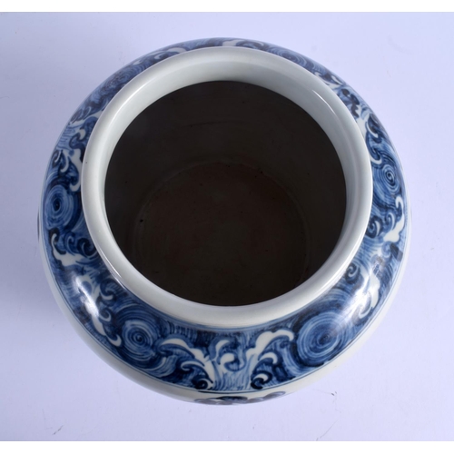 2065 - A CHINESE BLUE AND WHITE PORCELAIN JARDINIERE 20th Century, bearing Xuande marks to base, painted wi... 