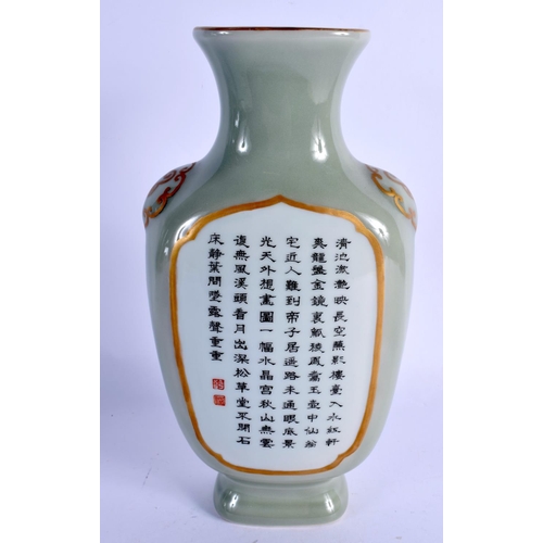 2066 - AN EARLY 20TH CENTURY CHINESE CELADON GLAZED PORCELAIN VASE Late Qing/Republic, enamelled with lands... 