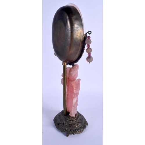 2077 - AN EARLY 20TH CENTURY CHINESE CARVED ROSE QUARTZ AND JADEITE LAMP Late Qing/Republic. Largest 24 cm ... 