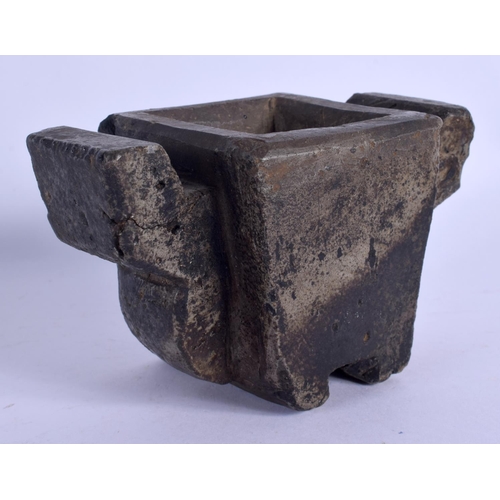 2080 - A CHINESE MING DYNASTY CARVED STONE TWIN HANDLED CENSER with archaic style handles. 13 cm x 8 cm.