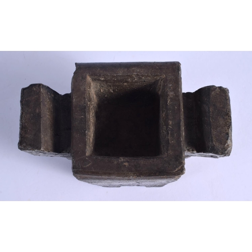 2080 - A CHINESE MING DYNASTY CARVED STONE TWIN HANDLED CENSER with archaic style handles. 13 cm x 8 cm.