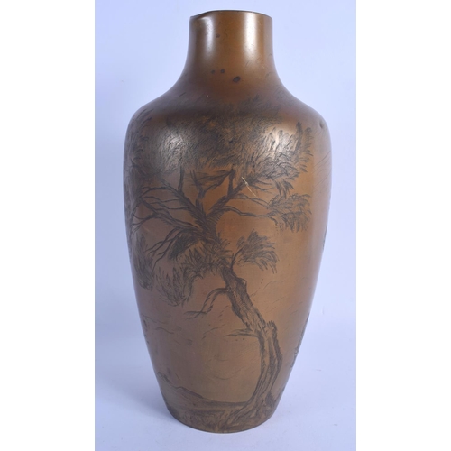 2084 - AN EARLY 20TH CENTURY JAPANESE MEIJI PERIOD BRONZE VASE decorated with landscapes. 30 cm high.