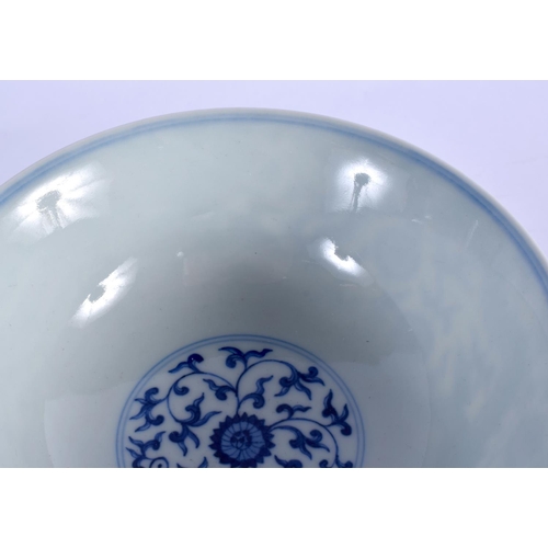 2096 - A CHINESE QING DYNASTY BLUE AND WHITE PORCELAIN STEM FOOT DISH bearing Yongzheng marks to base, prob... 