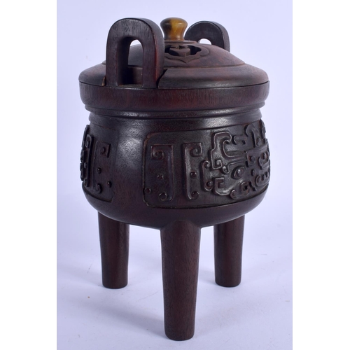 2112 - A RARE EARLY 20TH CENTURY CHINESE CARVED HARDWOOD CENSER AND COVER Late Qing/Republic, with jade fin... 