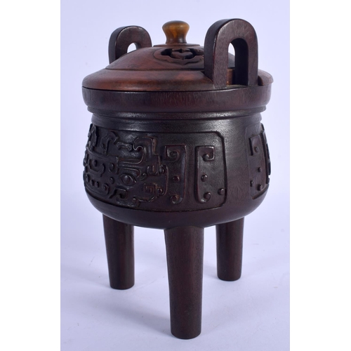 2112 - A RARE EARLY 20TH CENTURY CHINESE CARVED HARDWOOD CENSER AND COVER Late Qing/Republic, with jade fin... 