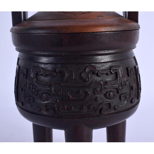 2112 - A RARE EARLY 20TH CENTURY CHINESE CARVED HARDWOOD CENSER AND COVER Late Qing/Republic, with jade fin... 