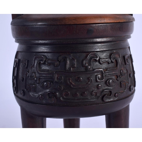 2112 - A RARE EARLY 20TH CENTURY CHINESE CARVED HARDWOOD CENSER AND COVER Late Qing/Republic, with jade fin... 