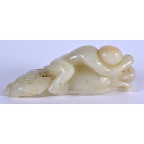 2122 - AN EARLY 20TH CENTURY CHINESE CARVED GREENISH WHITE JADE FIGURE Late Qing/Republic. 7.5 cm x 2.5 cm.