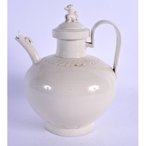 2128 - AN EARLY 20TH CENTURY CHINESE DING WHITE GLAZED BULBOUS EWER Late Qing/Republic, with animal finial.... 