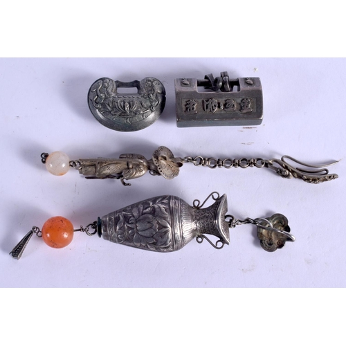 2143 - FOUR EARLY 20TH CENTURY CHINESE SILVER AND AGATE PENDANTS. 96 grams. 16 cm x 3 cm. (4)