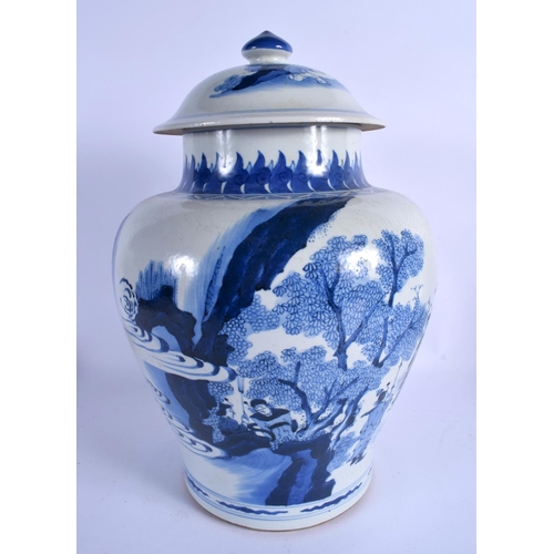 2147 - A LARGE 19TH CENTURY CHINESE BLUE AND WHITE PORCELAIN VASE AND COVER Kangxi style, painted with figu... 