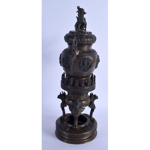 2153 - A 19TH CENTURY JAPANESE MEIJI PERIOD BRONZE CENSER AND COVER decorated with figures. 44 cm x 16 cm.