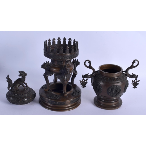 2153 - A 19TH CENTURY JAPANESE MEIJI PERIOD BRONZE CENSER AND COVER decorated with figures. 44 cm x 16 cm.