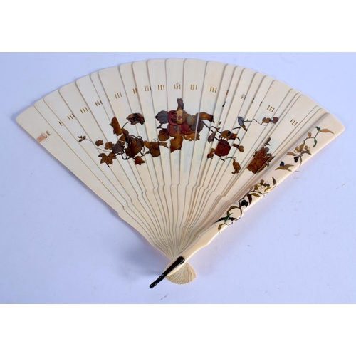 2163 - A 19TH CENTURY JAPANESE MEIJI PERIOD SHIBAYAMA GOLD LACQUER IVORY FAN decorated with birds and insec... 