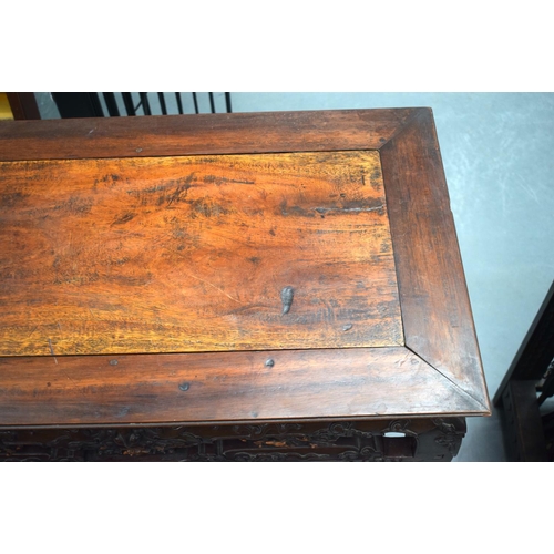 2171 - A FINE 19TH CENTURY CHINESE CARVED HONGMU HARDWOOD TABLE Qing, carved with mask heads and extensive ... 