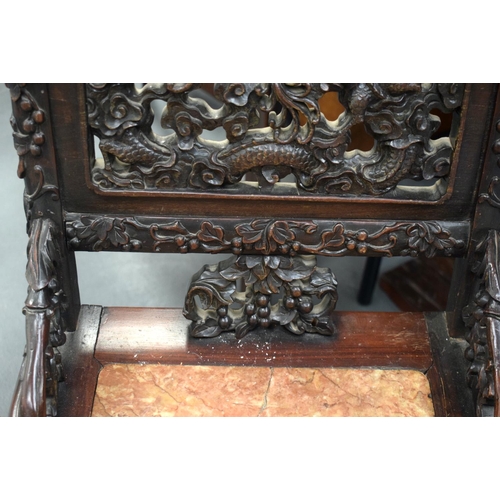 2176 - A 19TH CENTURY CHINESE CARVED HONGMU HARDWOOD MARBLE INSET CHAIR decorated with dragons. 102 cm x 40... 