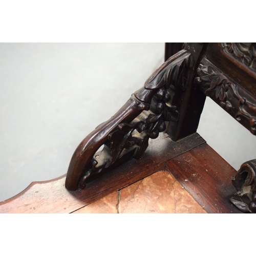 2176 - A 19TH CENTURY CHINESE CARVED HONGMU HARDWOOD MARBLE INSET CHAIR decorated with dragons. 102 cm x 40... 