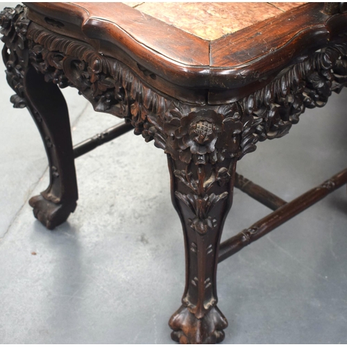 2176 - A 19TH CENTURY CHINESE CARVED HONGMU HARDWOOD MARBLE INSET CHAIR decorated with dragons. 102 cm x 40... 