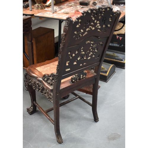 2176 - A 19TH CENTURY CHINESE CARVED HONGMU HARDWOOD MARBLE INSET CHAIR decorated with dragons. 102 cm x 40... 