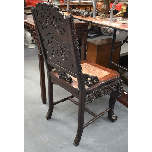 2176 - A 19TH CENTURY CHINESE CARVED HONGMU HARDWOOD MARBLE INSET CHAIR decorated with dragons. 102 cm x 40... 