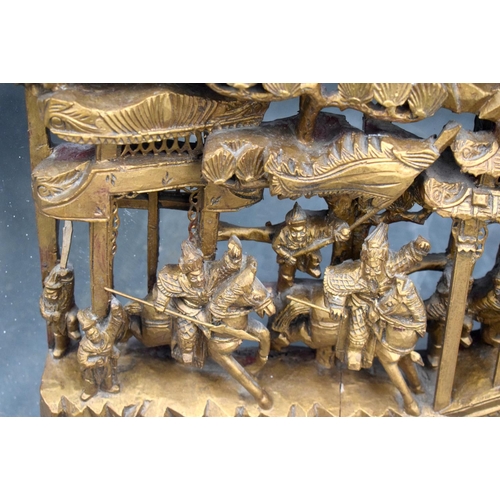 2178 - A LARGE PAIR OF 19TH CENTURY CHINESE CARVED WOOD TEMPLE PANELS Qing, depicting battle scenes. Wood 6... 