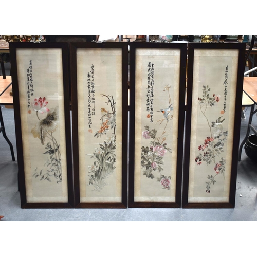 2180 - A SET OF FOUR EARLY 20TH CENTURY CHINESE EMBROIDERED SILKWORK PANELS Late Qing, depicting birds with... 