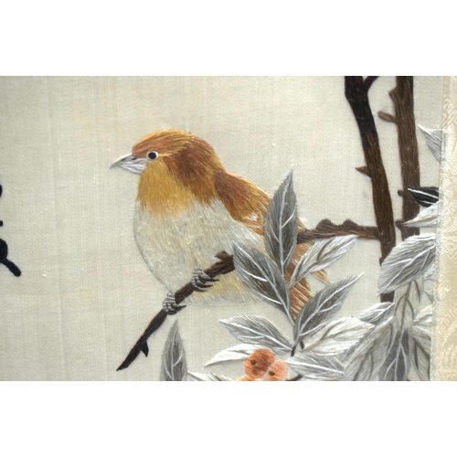 2180 - A SET OF FOUR EARLY 20TH CENTURY CHINESE EMBROIDERED SILKWORK PANELS Late Qing, depicting birds with... 