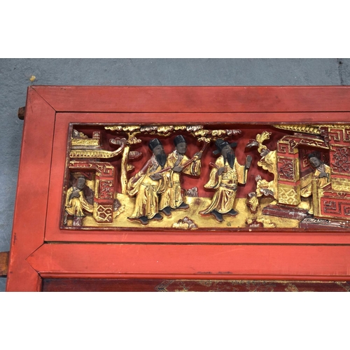 2181 - TWO 19TH CENTURY CHINESE CARVED HARDWOOD TEMPLE PANELS. Largest 180 cm x 24 cm. (2)