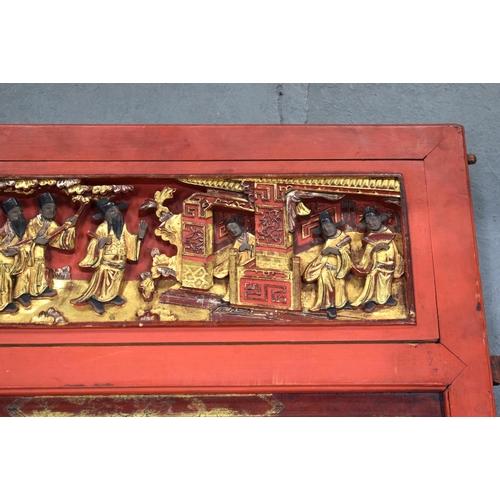 2181 - TWO 19TH CENTURY CHINESE CARVED HARDWOOD TEMPLE PANELS. Largest 180 cm x 24 cm. (2)