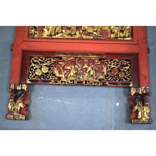 2181 - TWO 19TH CENTURY CHINESE CARVED HARDWOOD TEMPLE PANELS. Largest 180 cm x 24 cm. (2)