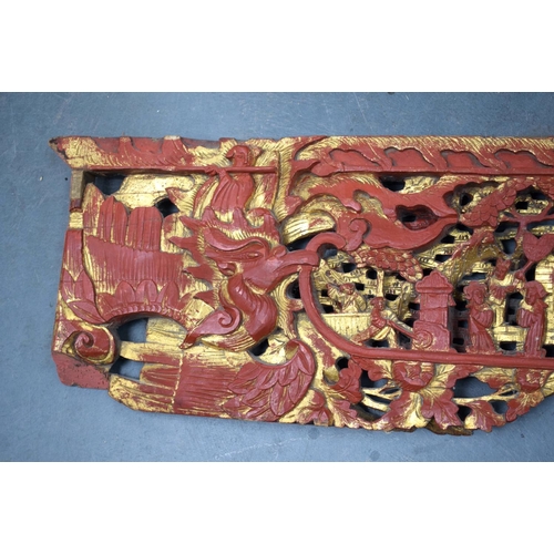 2181 - TWO 19TH CENTURY CHINESE CARVED HARDWOOD TEMPLE PANELS. Largest 180 cm x 24 cm. (2)