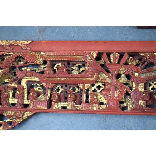 2181 - TWO 19TH CENTURY CHINESE CARVED HARDWOOD TEMPLE PANELS. Largest 180 cm x 24 cm. (2)