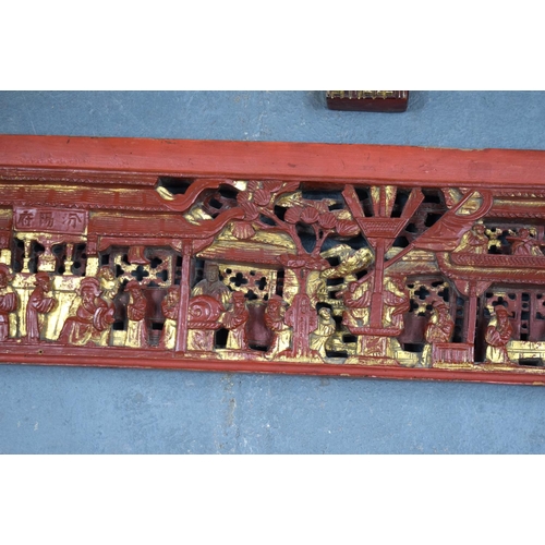 2181 - TWO 19TH CENTURY CHINESE CARVED HARDWOOD TEMPLE PANELS. Largest 180 cm x 24 cm. (2)