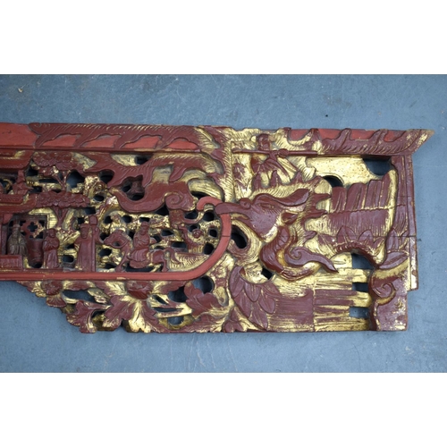 2181 - TWO 19TH CENTURY CHINESE CARVED HARDWOOD TEMPLE PANELS. Largest 180 cm x 24 cm. (2)