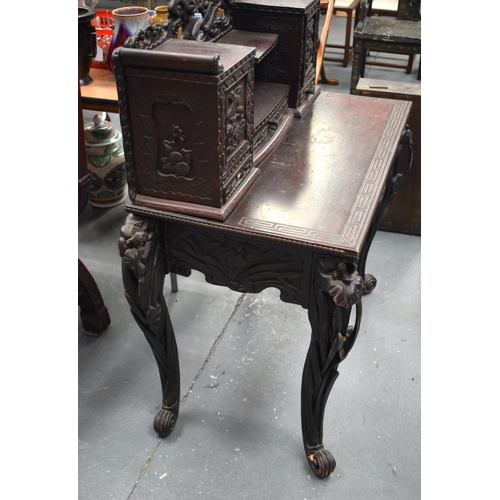 2185 - A 19TH CENTURY JAPANESE MEIJI PERIOD CARVED AND LACQUERED DESK decorated with birds and landscapes. ... 