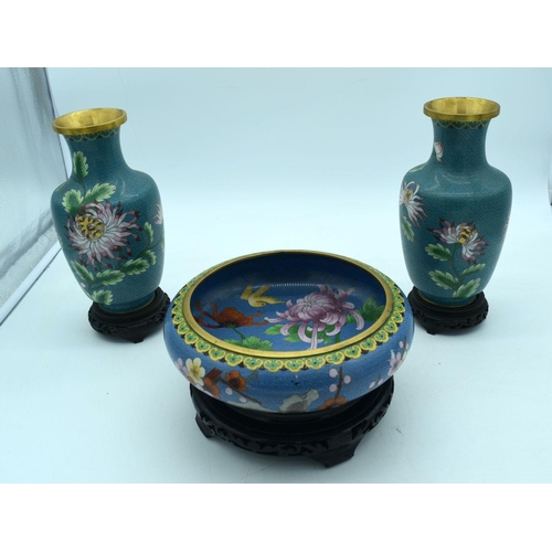 2514 - Cloisonne Enamel Censer with stand and two Cloisonne vases with stands 24 x 7cm (3)