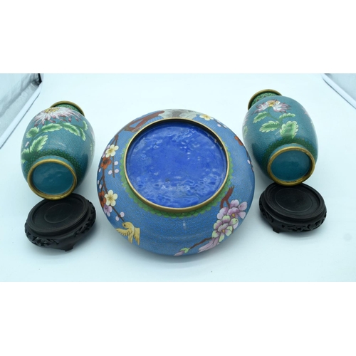 2514 - Cloisonne Enamel Censer with stand and two Cloisonne vases with stands 24 x 7cm (3)