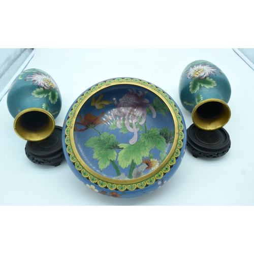 2514 - Cloisonne Enamel Censer with stand and two Cloisonne vases with stands 24 x 7cm (3)