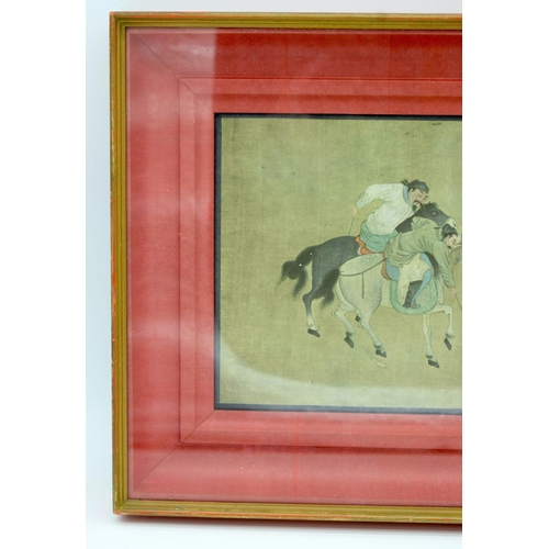 2551 - A framed Chinese watercolour of horse riders playing a game 33 x 20cm.