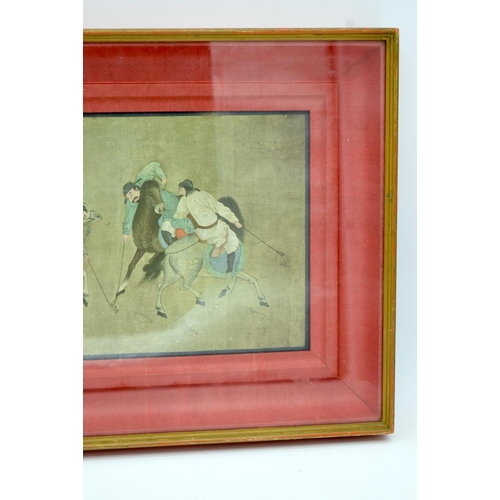 2551 - A framed Chinese watercolour of horse riders playing a game 33 x 20cm.