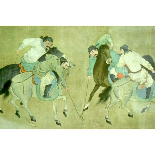 2551 - A framed Chinese watercolour of horse riders playing a game 33 x 20cm.