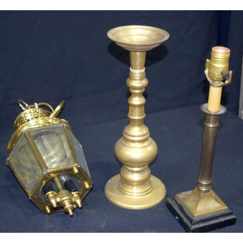 2561 - Collection of brass lamp bases, candle sticks and hanging lights largest 47cm. Qty.