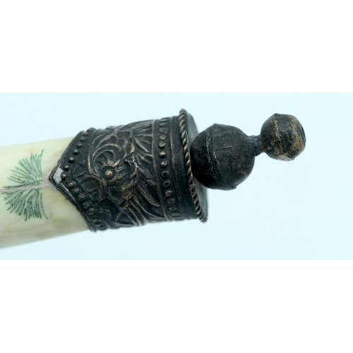 2570 - Chinese engraved bone opium pipe with a hardwood stand. 42cm.