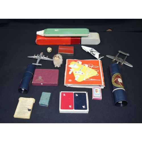 2577 - Miscellaneous collection  vintage model planes, cards Kaleidoscopes ans a melodica.