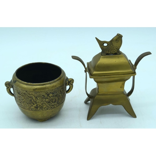 2609 - A Chinese bronze carp  lidded  censer together with a bronze planter. 17 x 16cm (3).