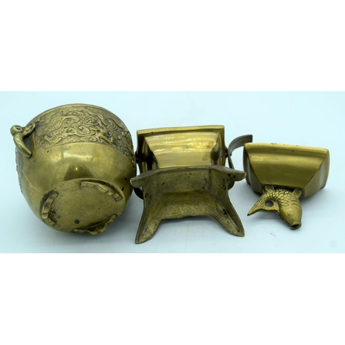 2609 - A Chinese bronze carp  lidded  censer together with a bronze planter. 17 x 16cm (3).