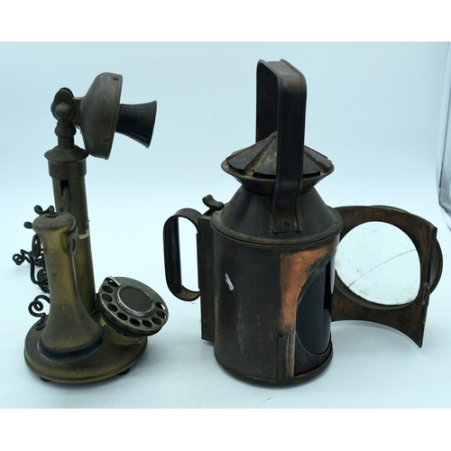 2701 - A vintage Collins Railway signal Lamp 1917 together with a vintage brass telephone 32cm (2)